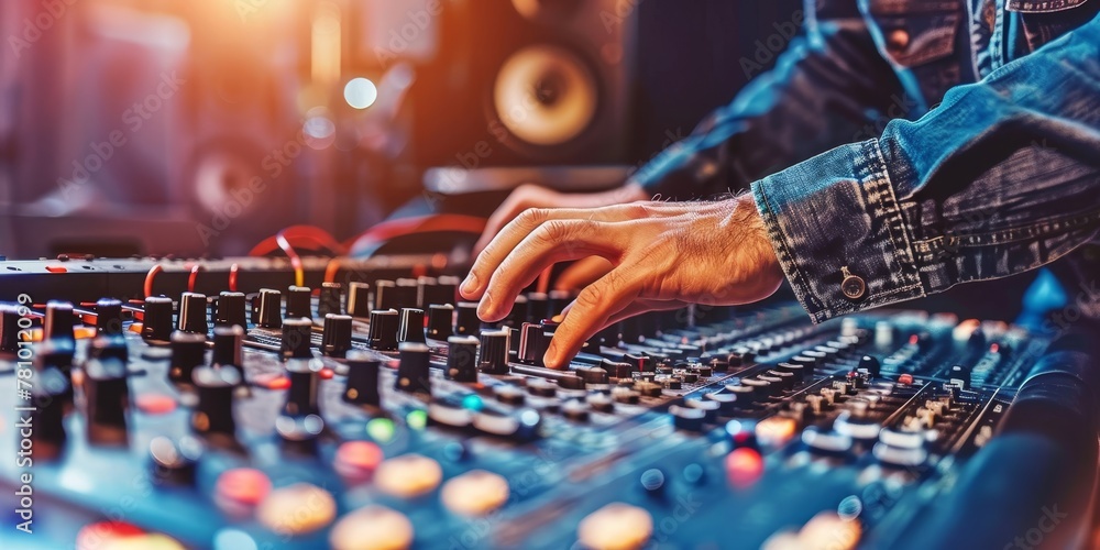 Poster a man is playing a keyboard in a studio. the studio is filled with equipment, including a large spea