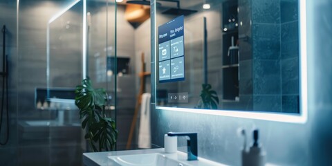 A bathroom with a large mirror and a plant in front of it. The mirror has a digital screen that displays the time and weather - obrazy, fototapety, plakaty