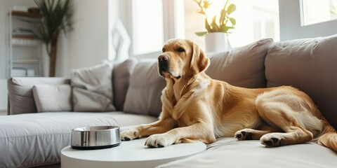 A dog is laying on a couch next to a bowl. The dog is brown and he is relaxed