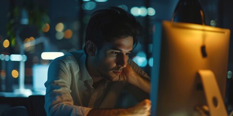 A man is sitting in front of a computer monitor, looking at it with a sad expression. He is working on something important, but it seems like he is struggling or feeling overwhelmed - obrazy, fototapety, plakaty