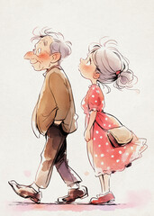 Cartoon Drawing: Old Man and Young Woman, Father and Daughter