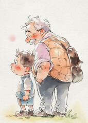 Cartoon Drawing: Old Man and Young boy, Grandfather and Grandson