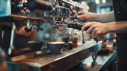 Fototapeta na wymiar Person is preparing espresso using professional coffee machine with two cups underneath