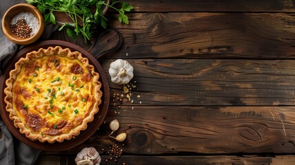 Freshly baked golden quiche on wooden table surrounded by spices and garlic