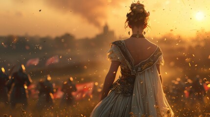 A lady in a beautiful dress stands on the edge of the battlefield face hidden from view as cheers on chosen champion. . . - obrazy, fototapety, plakaty