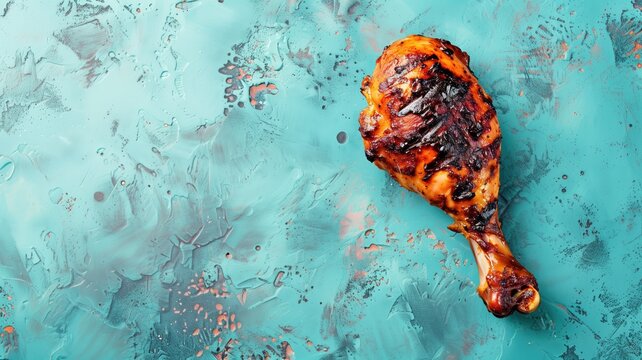 Grilled chicken leg with crispy skin on blue textured surface splashes