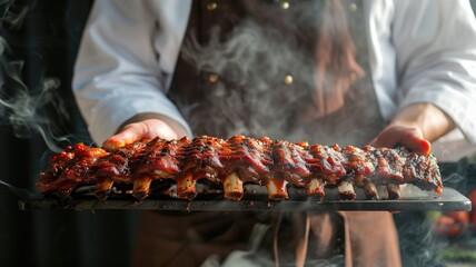 Chef in apron holding large tray of barbecued ribs with smoke rising - obrazy, fototapety, plakaty