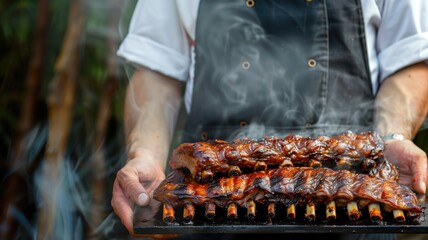 Person in apron holding tray of barbecued ribs with smoke rising against blurry backdrop - obrazy, fototapety, plakaty