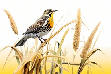 Whimsical meadowlark perched on a swaying reed, melodious song captured in the stillness of a moment, isolated on white solid background