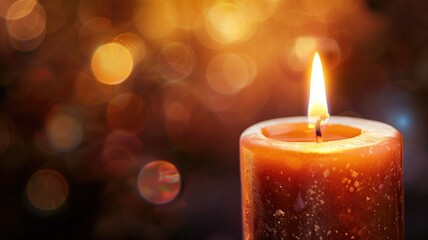 Close-up of lit candle with warm glow and bokeh lights in background
