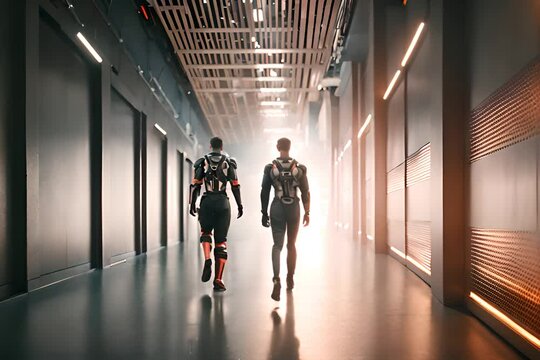 Futuristic Soldiers in Exoskeletons Walking Through a High-Tech Corridor