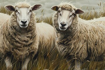 Oil painting strong brush stroke features a group of lamps or sheep’s in the grass field  wall art,  moody vintage farmhouse style wallpaper, home decor, background