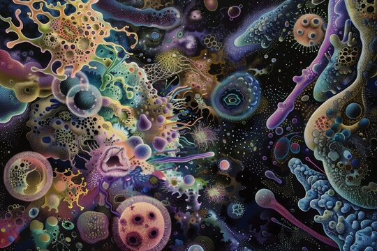Image of microscopic bacteria of all shapes and sizes swirling in a microbial cosmic landscape.