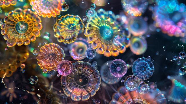 An ethereal image of spores in bloom captured under polarized light to showcase their rainbowlike iridescence.