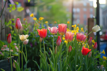 Translucent red tulips poised against urban architecture in a serene cityscape garden
