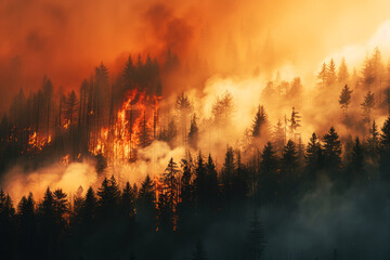 Wildfire smoke ominously rising over a forest, a stark reminder of environmental vulnerability and climate change