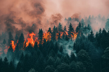 Wildfire smoke ominously rising over a forest, a stark reminder of environmental vulnerability and climate change - obrazy, fototapety, plakaty