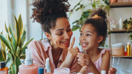 A mother and daughter bonding over a DIY skincare session at home, promoting family skincare...