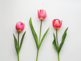Fototapeta premium Colorful tulips with shadow play on a white background reflecting the sun's warm hues