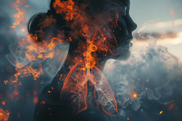 3D rendering of human lungs with a double exposure effect, smoke and fire coming from the veins of lung anatomy