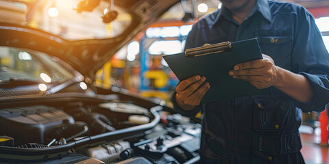 close up of mechanic holding clipboard while working on car in auto repair shop, generative AI