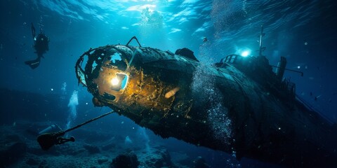 A group of divers are exploring a sunken ship in the ocean. The ship is surrounded by a lot of bubbles, and the divers are using lights to see in the dark. Scene is adventurous and exciting