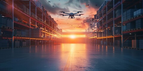 A drone is flying in a warehouse with a sunset in the background. The drone is hovering over a large open space with many shelves and boxes. The scene is calm and peaceful