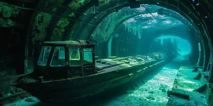 A boat is floating in a tunnel with a greenish tint. The tunnel is dark and murky, giving the scene a mysterious and eerie atmosphere