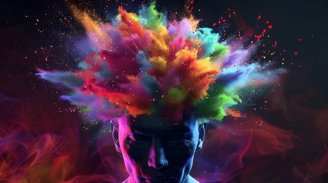 3D clean depiction of a mind in creative overdrive colors bursting from the head in vivid splendor