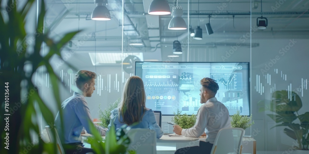Poster three people are sitting at a table in front of a large screen. they are looking at the screen and d