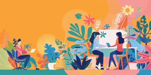 A colorful poster with three people sitting at a table with a laptop. The poster has a bright orange background and features a variety of plants and flowers. Scene is lively and cheerful