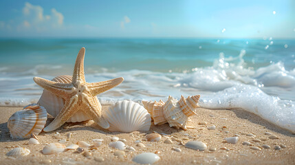 Fototapeta na wymiar Starfish and seashells lie in the foreground on the bright, fine sand.