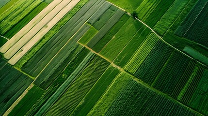 An aerial view of a sustainable agricultural landscape, integrating crop rotation, solar-powered irrigation systems