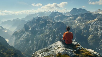 An expansive view of a remote worker on a mountain top, laptop in hand, with vast landscapes in the background
