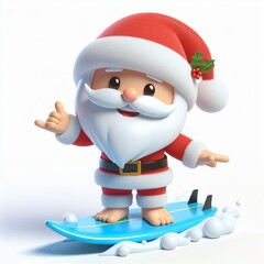Cute character 3D image of a Santa playing Surfing, funny, happy, smile, white background