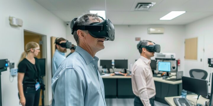 A man wearing a blue shirt and a pair of virtual reality goggles stands in front of a group of people