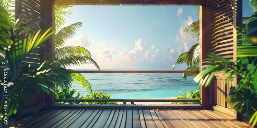 Poster a view of the ocean from a wooden balcony with palm trees in the background. the scene is serene and