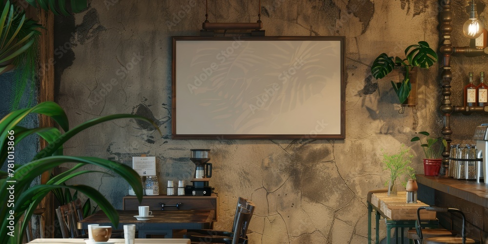 Poster a restaurant with a white wall and a large empty wall. the empty wall is a blank canvas for the rest