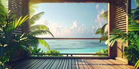 A view of the ocean from a wooden balcony with palm trees in the background. The scene is serene and peaceful, with the sound of waves crashing in the distance