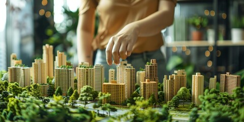 A woman is playing with a model of a city. The buildings are green and the city is surrounded by trees