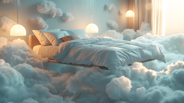 A comfortable bed with fluffy sheets floats on a big cloud floating in the sky. Gives a pleasant feeling.