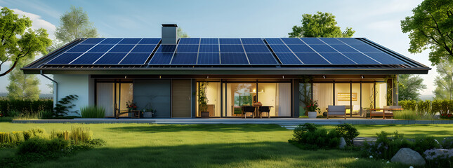 a house with solar panels on it, technological symmetry, green environment , Renewable energy concept , plants and trees and grass , blue sky , home