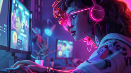 Naklejka premium Animated depiction of blockchain in the gaming industry, enabling true digital ownership for players,