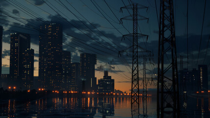 Animated depiction of cities losing power, plunged into darkness due to unsustainable energy use, - obrazy, fototapety, plakaty
