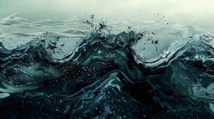 Animated depiction of dark, oil-soaked oceans, with waves of pollution crashing against continents,
