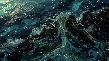 Animated depiction of dark, oil-soaked oceans, with waves of pollution crashing against continents,