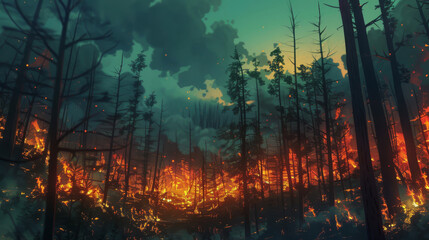 Obraz premium Animated depiction of Earth's natural beauty marred by scars of deforestation, mining, and urban sprawl, all ablaze,