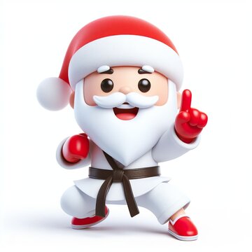 Cute character 3D image of a Santa playing Karate or Judo, funny, happy, smile, white background