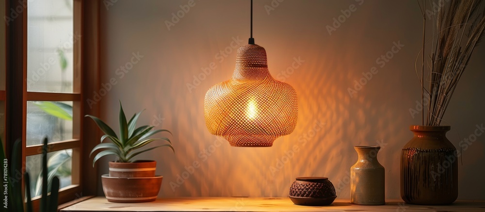 Poster a room illuminated by the soft glow of a single light shining from a ceiling fixture