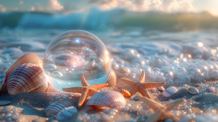 Starfish and seashells lie in the foreground on the bright, fine sand. - obrazy, fototapety, plakaty